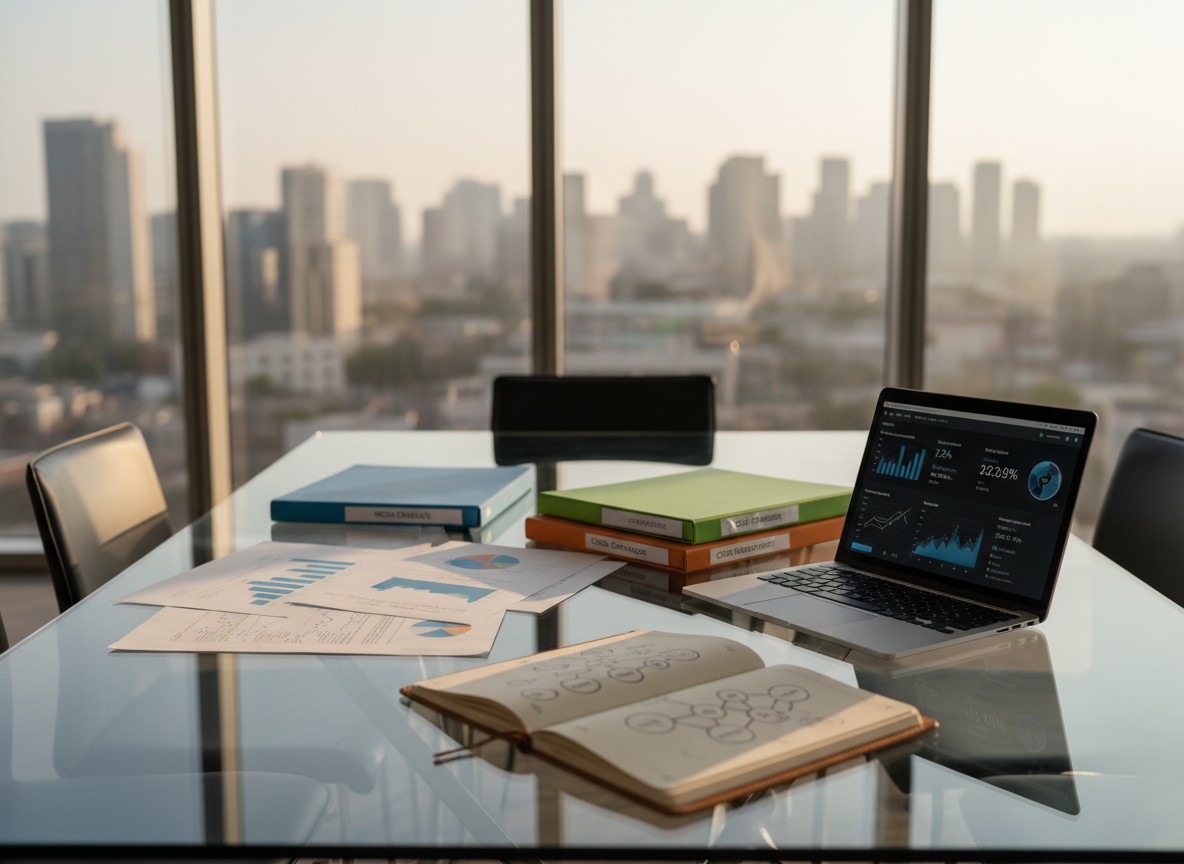 A sleek glass conference table scattered with neatly arranged public relations strategy documents, color-coded media plans, and a single, open leather-bound notebook displaying a sketched network map of connected circles and lines. A silver laptop shows a dashboard of engagement metrics and social analytics. The scene is set in a bright, modern office with floor-to-ceiling windows overlooking a softly blurred city skyline. Late afternoon natural light pours in, reflecting subtly off the glass surfaces and casting crisp yet gentle shadows. Photographic realism at eye level, with a shallow depth of field that keeps the table in sharp focus while the background remains softly out of focus, creating a professional, calm, and strategic atmosphere.