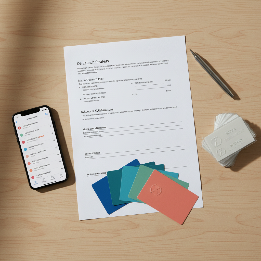 A close-up overhead shot of a polished maple desk featuring a cleanly designed PR campaign blueprint printed on crisp white paper, accompanied by color swatch cards, neatly stacked event badges, and a metal pen placed diagonally across the page. A smartphone rests to the side, its screen displaying a calendar packed with outreach events and launch dates. Soft diffused morning light from an unseen window gives the scene an even, natural glow, producing delicate shadows along the paper edges. The photographic composition follows a rule-of-thirds layout, with a minimalist, modern aesthetic that feels organized, intentional, and focused on strategic planning and detail.